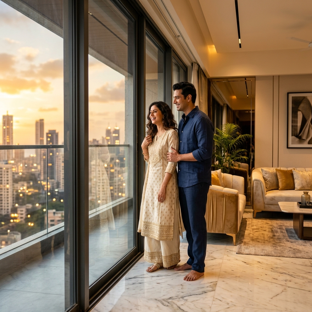 Happy Indian couple in luxury apartment